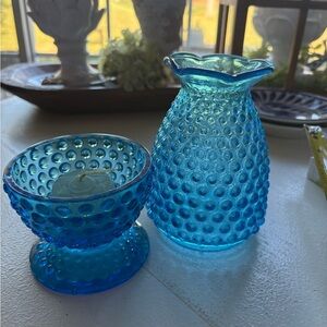 Fairy glass Blue Hobnail Glass Vase and Bowl Set